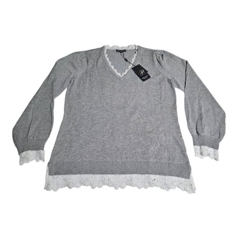 NWT‎ Adrianna Papell V-Neck Lace Twofer Sweater Womens S Heather Gray Ivory